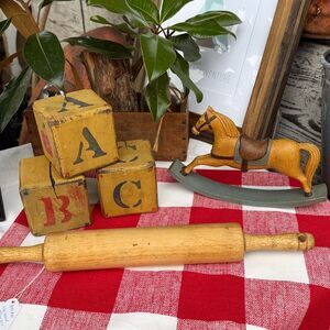 Set of 3 Large Vintage Folk Art Hand Made Wood Blocks
